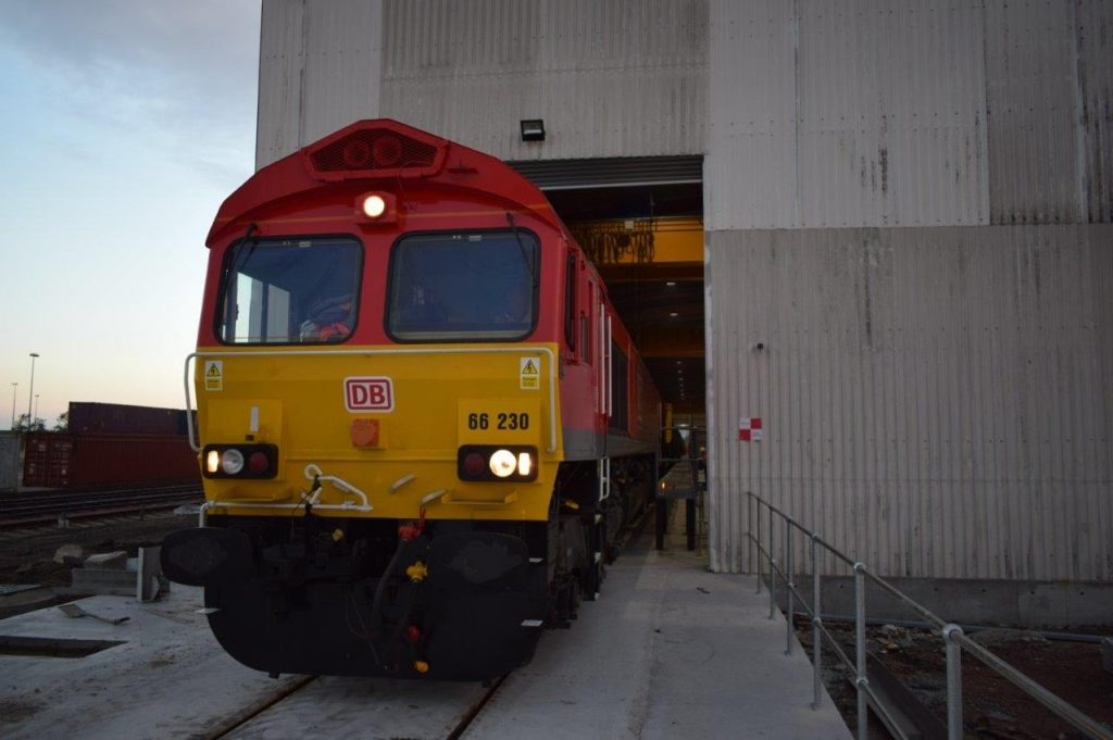First steel train in new facility London Thamesport, operated by DB Cargo UK for Tata Steel. Photo credit: DB Cargo UK