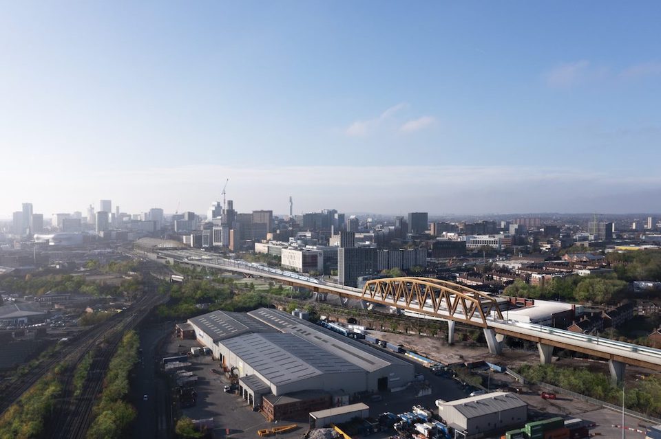 Artist's impression of Curzon Viaduct in Birmingham for HS2, with Birmingham city centre in background