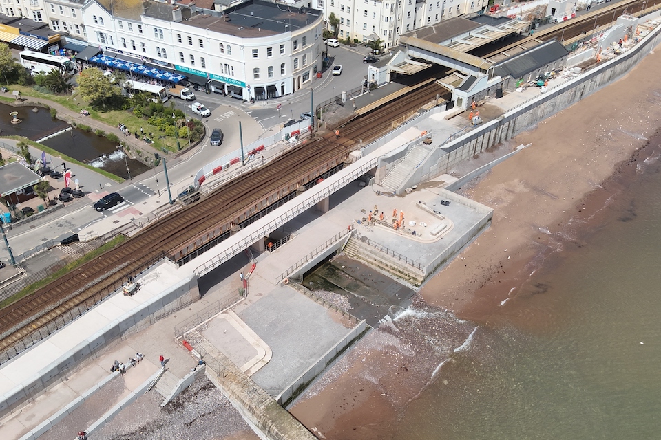 Aerial shot of Dawlish showing new sea wall